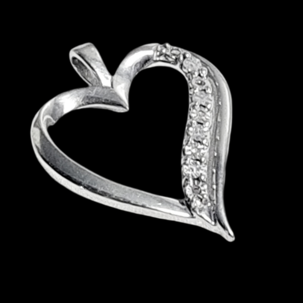 Sterling Silver Asymmetrical Open Heart Pendant with Diamond Chips